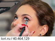 Master stylist makes eye makeup for a girl in a beauty salon (2016 год). Редакционное фото, фотограф Юрий Поздников / Фотобанк Лори