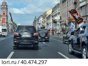 Parade of cars with the flags of the Marine Corps. Стоковое фото, фотограф Анна Кривицкая / Фотобанк Лори