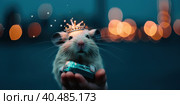 A hamster with a crown on its head holding a cell phone. Generative AI image. Стоковое AI-изображение, AI-художник Сергей Старуш / Фотобанк Лори