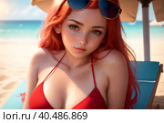 Портрет юной рыжеволосой девушки, отдыхающей на берегу моря. На девушке одет красный купальник, она сидит на деревянном лежаке под зонтом закрывающим её от солнца. Иллюстрация туризма и летнего отдыха. Стоковое AI-изображение, AI-художник Олег Безруков / Фотобанк Лори
