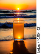 A glass of orange juice on the sea sand, small waves, romantic sunset. Стоковое AI-изображение, AI-художник Сергей Елизарьев / Фотобанк Лори