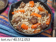 Devzira pilaf with lamb, onions, carrots and spices (cumin, coriander, pepper). Traditional dishes of Uzbek cuisine. Selective focus. Стоковое фото, фотограф Виктория Панченко / Фотобанк Лори