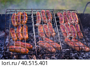 На гриле на углях обжариваются три вида мясных колбасок. Стоковое фото, фотограф Елена Яворская / Фотобанк Лори