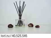 Incense sticks are dipped into a glass cubic vessel with essential oils. Interior decor. White background. Pleasant smell. The smell of winter chestnut. Chestnut fruits on a white background. Стоковое фото, фотограф Юлия Петровская / Фотобанк Лори