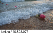 Buoys on a rope near sea water. The buoys are pink restraints to alert people to the depth of the water. Rescue of the drowning. Delimiting a place on a sandy beach between hotels. Wave with bubbles. Стоковое фото, фотограф Юлия Петровская / Фотобанк Лори