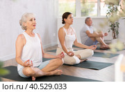 In yoga class senior lady performs lotus pose-Padmasana-Siddhasana with friends. Стоковое фото, фотограф Яков Филимонов / Фотобанк Лори