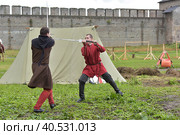Festival of medieval reconstruction "Russian fortress", Fencing on swords in medieval costumes (2015 год). Редакционное фото, фотограф Анна Кривицкая / Фотобанк Лори