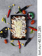 Chilaquiles with chicken and sour cream and sauce with many vegetables on a gray background. Стоковое фото, фотограф Татьяна Терехина / Фотобанк Лори