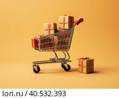 Supermarket trolley with gifts on a uniform The illustration was created by AI. Стоковое AI-изображение, AI-художник Ярославский Максим / Фотобанк Лори