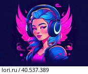 Image of an anime girl listening to music with headphones, video game style, colorful color saturation, neon. Created by AI. Стоковое AI-изображение, AI-художник Ярославский Максим / Фотобанк Лори