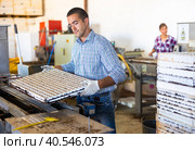 Skilled man taking out trays with earth and seeds from automatic filling and seeding line for growing containerized seedlings of decorative plants in greenhouse. Стоковое фото, фотограф Яков Филимонов / Фотобанк Лори
