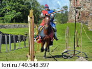 A knight with a spear on a horse at the Russian Fortress festival of historical reconstruction (2014 год). Редакционное фото, фотограф Анна Кривицкая / Фотобанк Лори