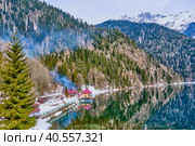 Lake Ritsa in the spring season. Located in Abkhazia, in the Caucasus Mountains. Стоковое фото, фотограф Ирина Кононова / Фотобанк Лори