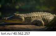 False Gharial have sunbathing near its pond Illustration AI Generative. Стоковое AI-изображение, AI-художник Юлия Гапеенко / Фотобанк Лори