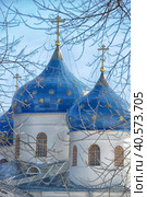 Dome St. George's monastery in Veliky Novgorod, orthodox Christian Church. The Orthodox religion of Russia. Monastery's oldest Church buildings in Russia in 1030 year. White Church with blue domes. (2012 год). Редакционное фото, фотограф Анна Кривицкая / Фотобанк Лори