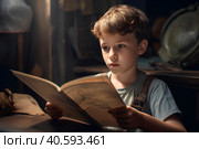 Мальчик читает. Стоковое AI-изображение, AI-художник Щеголева Ольга / Фотобанк Лори