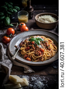 spaghetti bolognese with minced meat. Стоковое фото, фотограф Julia Lavleis / Фотобанк Лори