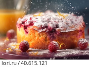 Biscuit cake with berries and powdered sugar. Generative AI. Стоковое AI-изображение, AI-художник Юрий Поздников / Фотобанк Лори