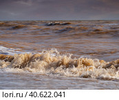 Chocolate-brown waves roll to the shore under a stormy sky after a hurricane. The Sea of Azov during a storm, a stormy sea with dirty brown waves against the sky. Стоковое фото, фотограф Александр Кротков / Фотобанк Лори