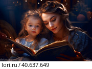 Мама читает маленькой дочке интересную книгу. Стоковое AI-изображение, AI-художник Щеголева Ольга / Фотобанк Лори