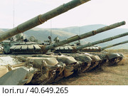 Russian battle tanks at tankodrome in mountains. Стоковое фото, фотограф Сергей Толмачёв / Фотобанк Лори
