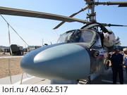 Волгоградская область, Средняя Ахтуба, Россия. Боевой ударный вертолёт КА-52, люди интересуются военной техникой. (2021 год). Редакционное фото, фотограф Андрей Цыганков / Фотобанк Лори