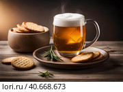 Кружка пива и крекеры. Стоковое AI-изображение, AI-художник Щеголева Ольга / Фотобанк Лори