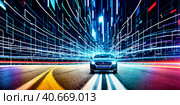 A car racing on road with motion blur to create vision of fast speed transfer. Concept of future digital transformation, disruptive innovation and agile business methodology. Generative AI. Стоковое AI-изображение, AI-художник Sergey Grishin / Фотобанк Лори
