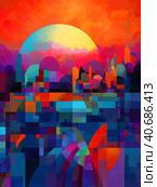 Abstract natural landscape in the style of flat cubism in blue-red tones. Стоковое AI-изображение, AI-художник Ярославский Максим / Фотобанк Лори
