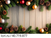 Christmas wreath with pine cones, ornaments and lights on a wooden background with copy space for text. Generative AI. Стоковое AI-изображение, AI-художник Mixail59 / Фотобанк Лори