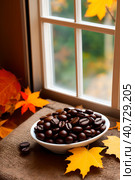 Coffee grains on the table with maple leaves. Стоковое AI-изображение, AI-художник Сергей Елизарьев / Фотобанк Лори