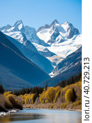 Fast mountain river against the backdrop of snow-capped mountains. Sunrise in the mountains. Autumn landscape. Стоковое AI-изображение, AI-художник Сергей Елизарьев / Фотобанк Лори