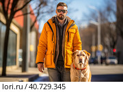 A guide dog helps a visually impaired man walk. Generative AI. Стоковое AI-изображение, AI-художник Юрий Поздников / Фотобанк Лори