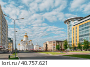 Cathedral of St. Theodore Ushakov in Saransk, consecrated in 2009, Russia. It is named after the Russian saint and Admiral Fyodor Ushakov. inscription above the entrance reads: Cathedral of the Holy Righteous Warrior Feodor Ushakov. 05.06.2023 , Saransk, Mordovia, Russia. Редакционное фото, фотограф Оксана Медведева / Фотобанк Лори