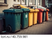 Multi-colored garbage containers on the city street, recycling and separate waste collection concept, AI Generated. Стоковое AI-изображение, AI-художник Станислав Тарко / Фотобанк Лори