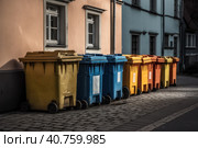 Multi-colored garbage containers on the city street, recycling and separate waste collection concept, AI Generated. Стоковое AI-изображение, AI-художник Станислав Тарко / Фотобанк Лори