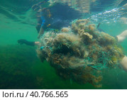 Freediver picks up lost fishing net lies on green algae in sun glare on shallow water in Black sea, Ghost gear pollution of Ocean, Black sea, Odessa, Ukraine. Стоковое фото, фотограф Некрасов Андрей / Фотобанк Лори