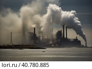 Environmental pollution, a large industrial enterprise pollutes the air with emissions into the atmosphere, AI Generated. Стоковое AI-изображение, AI-художник Станислав Тарко / Фотобанк Лори