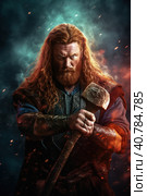 A portrait of old norse scandinavian pagan god Thor with long red hair holding hist hammer Mjolnir. Generative AI image. Стоковое AI-изображение, AI-художник Сергей Старуш / Фотобанк Лори