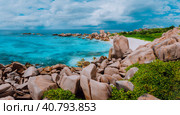 Tropical island panorama, trail to hidden secret beautiful beach, Anse Marron, La Digue, Seychelles. Стоковое фото, фотограф Igor Tichonow / Фотобанк Лори