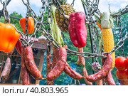 Красный перец, кукурузу в початках и копченую колбасу готовят на огне. Колбаса, свежие овощи и ананас подвешены на цепочке над грилем. Еда на открытом воздухе. Пикник на выходных. Стоковое фото, фотограф Эдуард Белкин / Фотобанк Лори