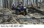 A group of ATVs rides through the mud in the spring forest. Extreme type of outdoor activities. Quad bike ride (2022 год). Редакционное фото, фотограф Воловодов Владимир / Фотобанк Лори