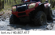 Close-up of a red ATV riding through a muddy puddle in the spring forest. Extreme type of outdoor activities. Riding on a quad bike. Стоковое фото, фотограф Воловодов Владимир / Фотобанк Лори