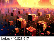 Блокчейн - концепция.Система соединённых блоков на фоне мегаполиса. Стоковое AI-изображение, AI-художник Татьяна Бакуменко / Фотобанк Лори