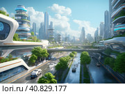 Beautiful city of the future, eco-style, with green gardens on the balconies, futurism. Стоковое AI-изображение, AI-художник Ольга Ильина / Фотобанк Лори