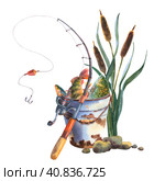 Watercolor omposition with equipment for fishing. Creel, vest, rustic bucket with fish, fishing rod, reel. Vintage fishing watercolor illustration isolated on white background. Стоковая иллюстрация, иллюстратор Брагина Елена / Фотобанк Лори