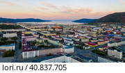 Panorama of the city of Magadan. Beautiful morning cityscape. Aerial view of buildings and streets. In the distance there are mountains and a sea bay. Magadan, Magadan Region, Far East Russia. Siberia. Стоковое фото, фотограф Андрей Степанов / Фотобанк Лори