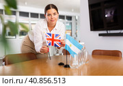 Young lady sets miniatures flags of Argentina and Great Britain for international negotiations. Стоковое фото, фотограф Яков Филимонов / Фотобанк Лори
