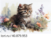 Brown kitten and flowerswatercolor painting , Generative AI. Стоковое AI-изображение, AI-художник Анна Кривицкая / Фотобанк Лори