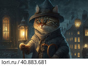 A cat in a raincoat and a hat with a flashlight in the center of a medieval town with gabled roofs at night, , Generative AI. Стоковое AI-изображение, AI-художник Анна Кривицкая / Фотобанк Лори